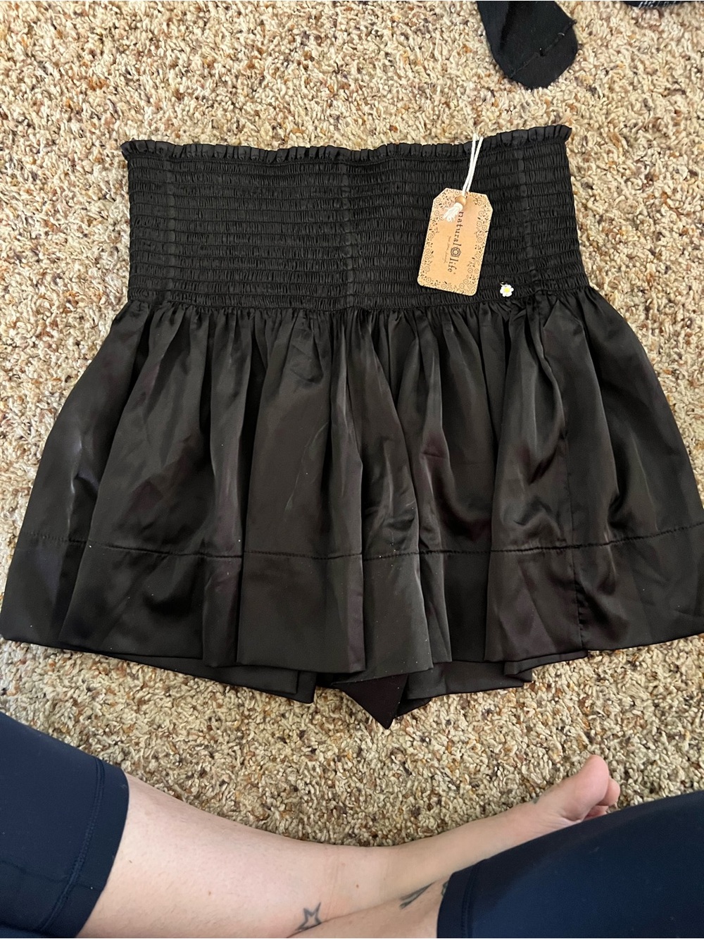 NATURAL LIFE Black Smocked shorts/skirt look Satin with Charm